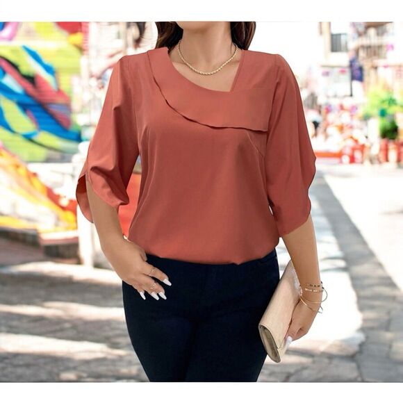 SHEIN Women’s Medium Orange Blouse Asymmetrical Flutter Sleeve Top - Picture 1 of 7